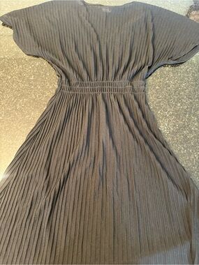 Women's Black Pleated Midi Dress with Smocked Waist